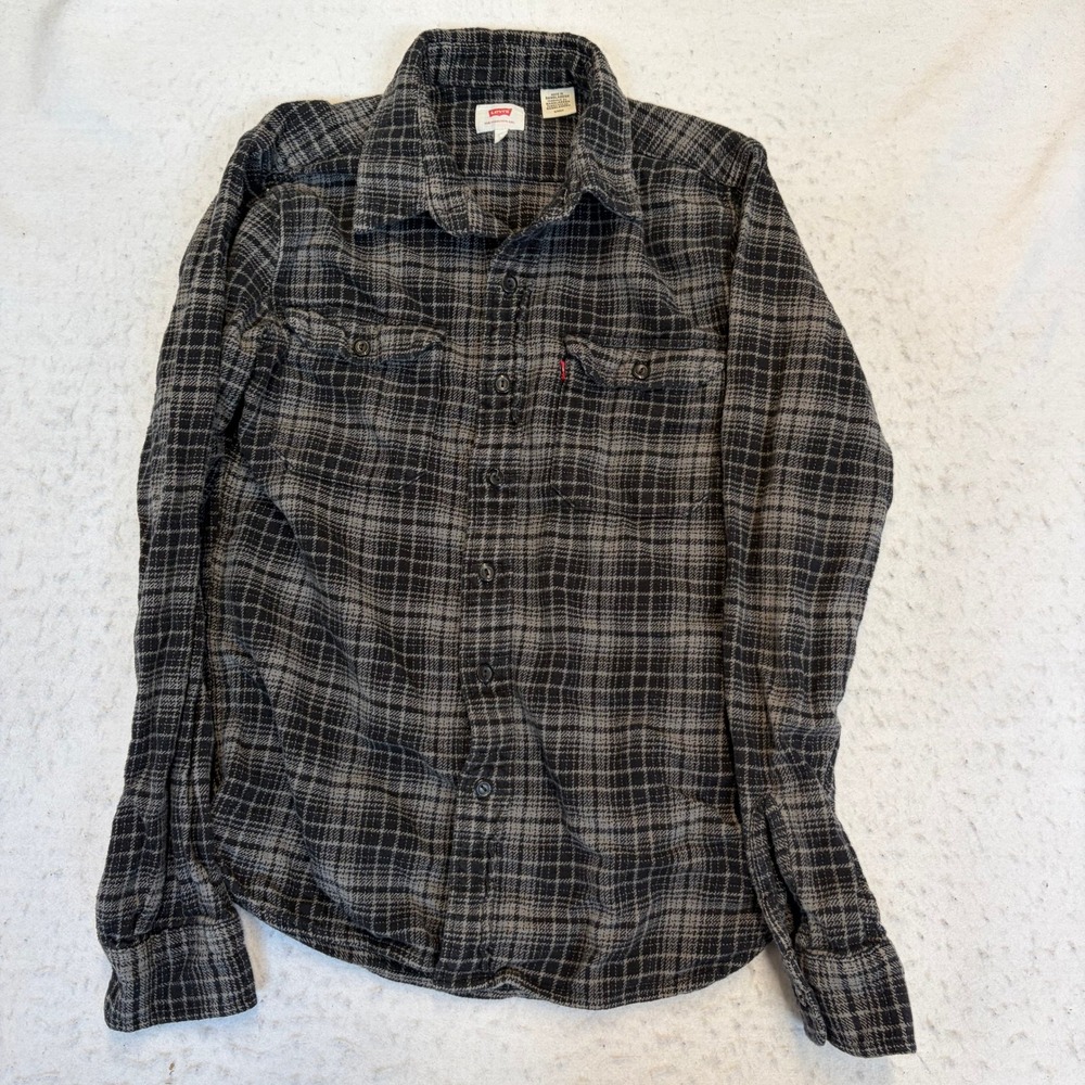 Levi's Flannel Shirt Mens Small Gray Plaid Long Sleeve Button Up